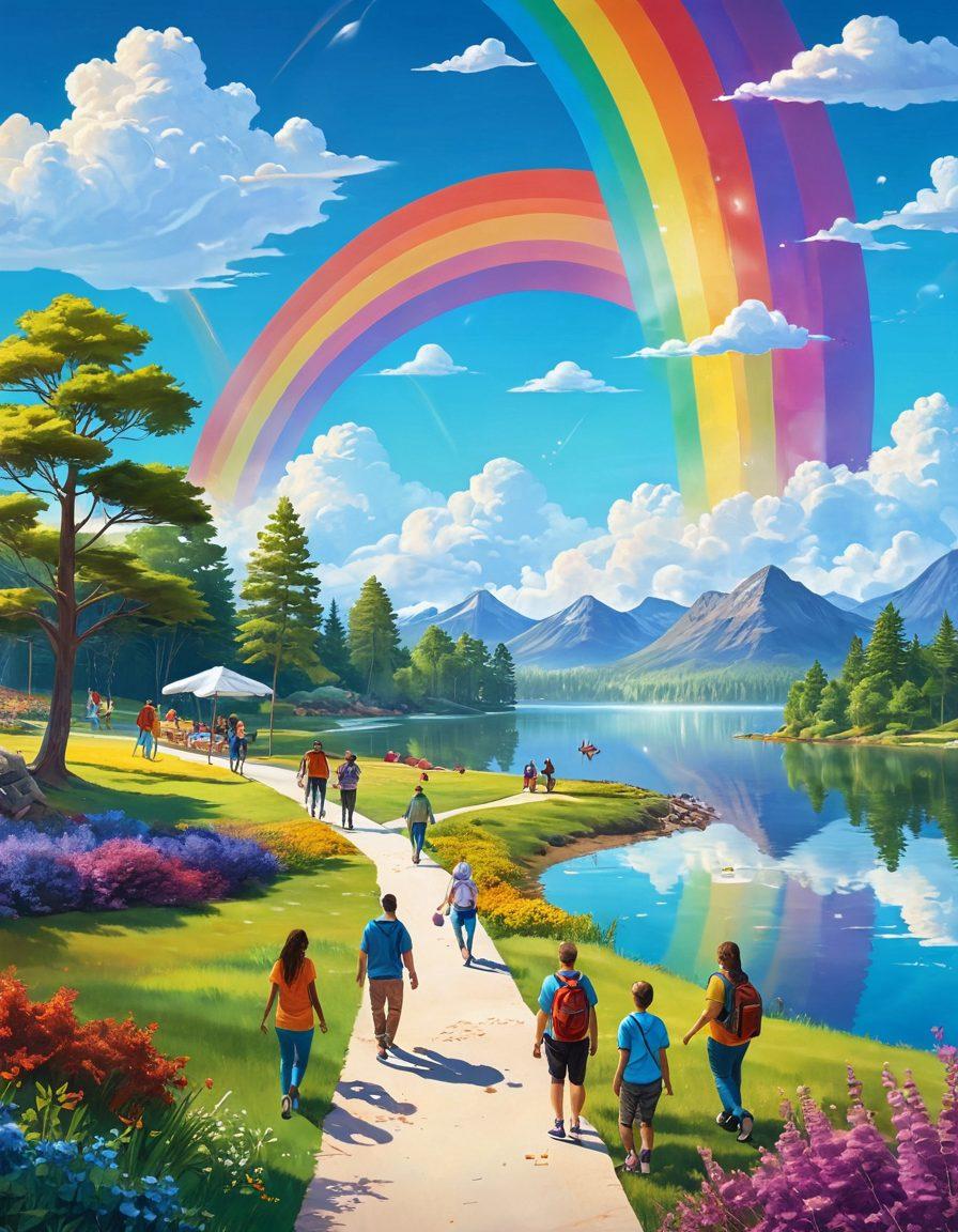 A bright, whimsical digital landscape featuring a rainbow-colored pathway leading to a joyful, diverse group of people laughing and interacting with colorful online icons and symbols floating around them. Sunlight beams through fluffy clouds, casting vibrant reflections on a serene lake nearby, symbolizing positivity and connection. Use a playful art style that captures the excitement of an online adventure. super-realistic. vibrant colors. white background.