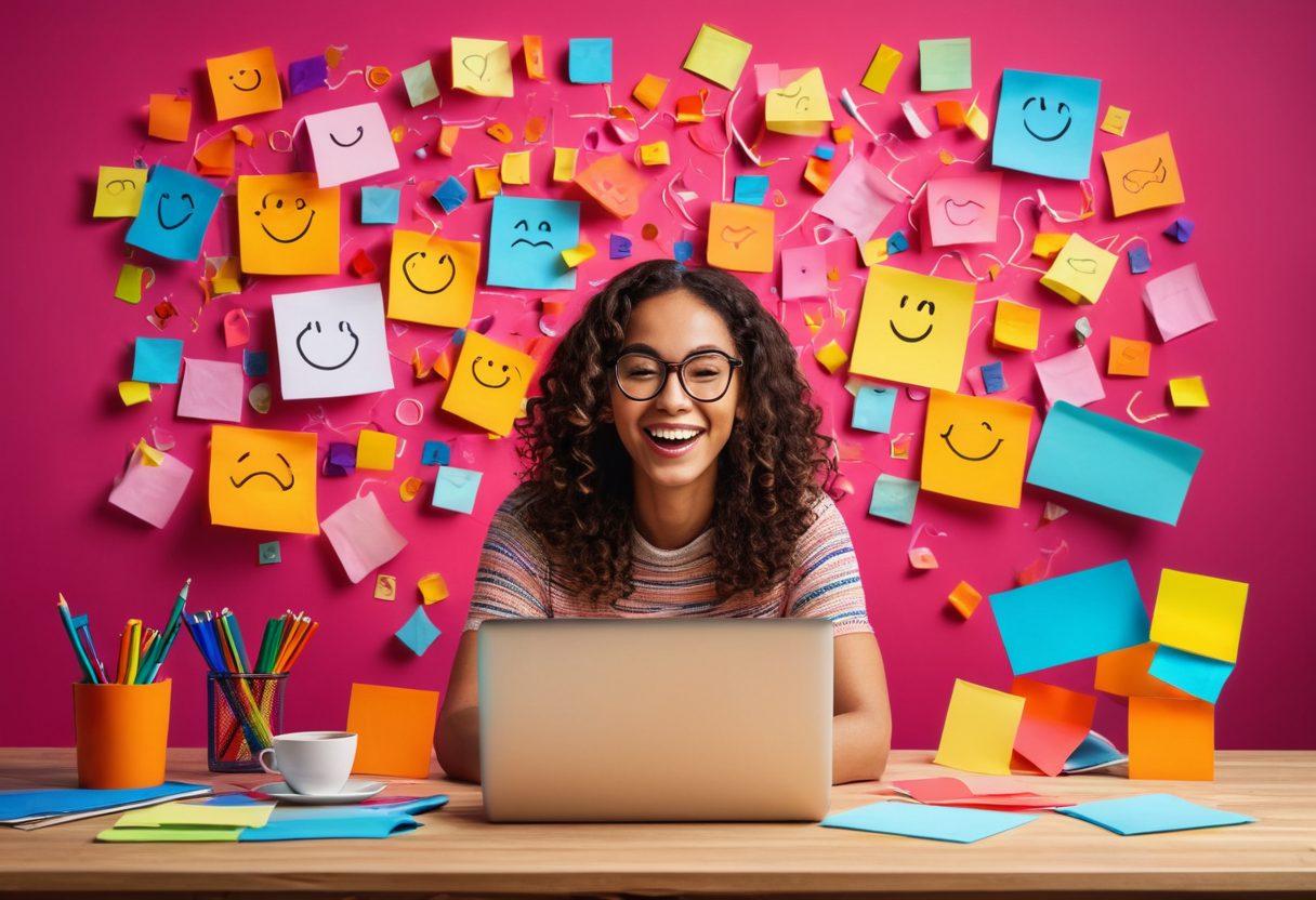 A joyful person sitting at a laptop, surrounded by colorful sticky notes with tips and cheerful icons like a lightbulb, heart, and smiley face. The background is a vibrant, abstract design representing excitement and happiness, with uplifting colors blending together. The overall atmosphere is light and encouraging, inviting readers to engage with the content. super-realistic. vibrant colors. abstract background.