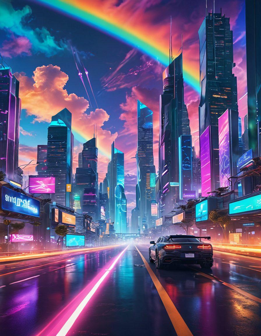 A vibrant digital landscape featuring a serene online environment, with a glowing path symbolizing a smooth virtual journey. Include elements like rainbow-colored clouds and joyful avatars engaging in various online activities, such as gaming and socializing. Showcase tools and tips visually represented, like light bulbs and checklists, merging seamlessly into the scene. Fill the background with a futuristic city skyline to emphasize the thrill of a digital adventure. 3D, vibrant colors, cyberpunk.